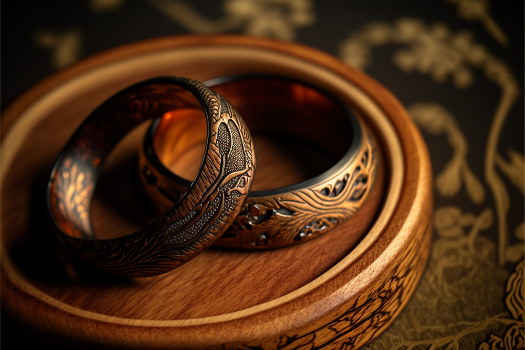 Cherry Wood and Gold Wedding Band with Vintage Design