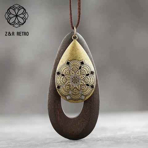Vintage Wood Necklace With Metal