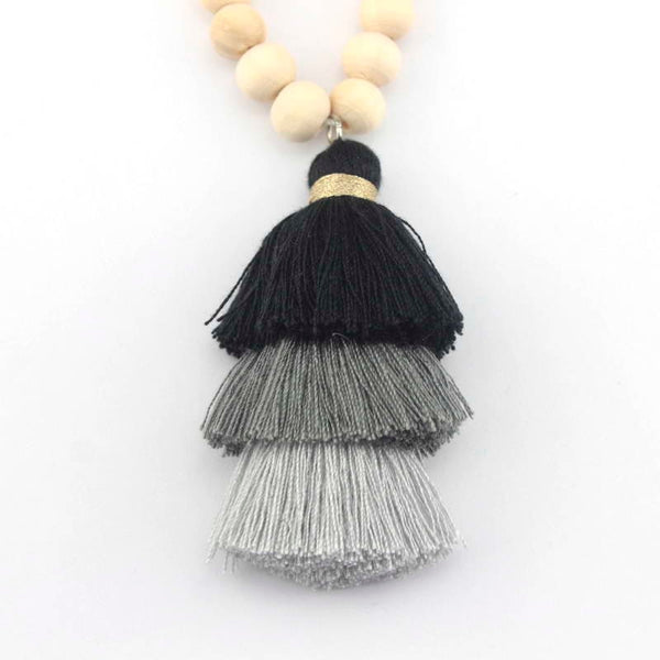 ZWPON Wood Bead Tassel Necklace