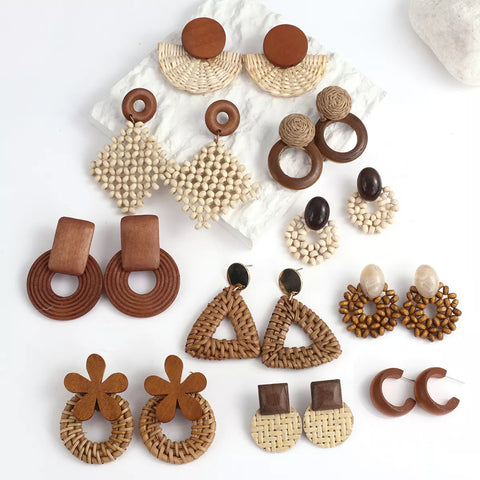 AENSOA Boho Handmade Geometric Wooden Rattan Braid Drop Earrings for Women Ethnic Bohemia Statement Earring Wholesale Jewelry