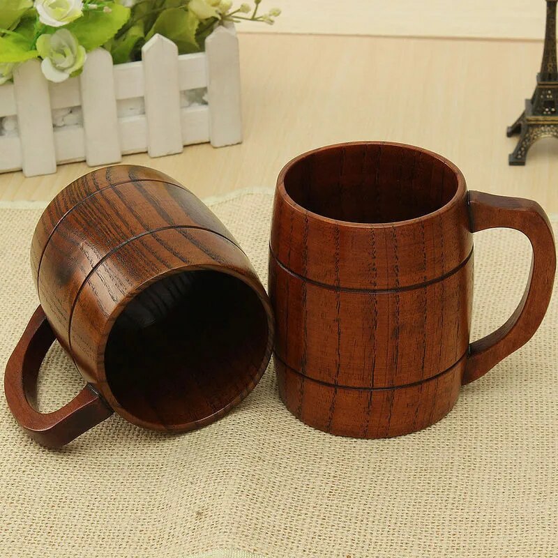 Wooden Mug with Handle, Water Cup Simple Milk Mugs Office Coffee Cup Gift,  Wood