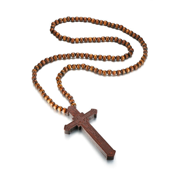 Jesus Christ Cross Necklace With Wood Beads
